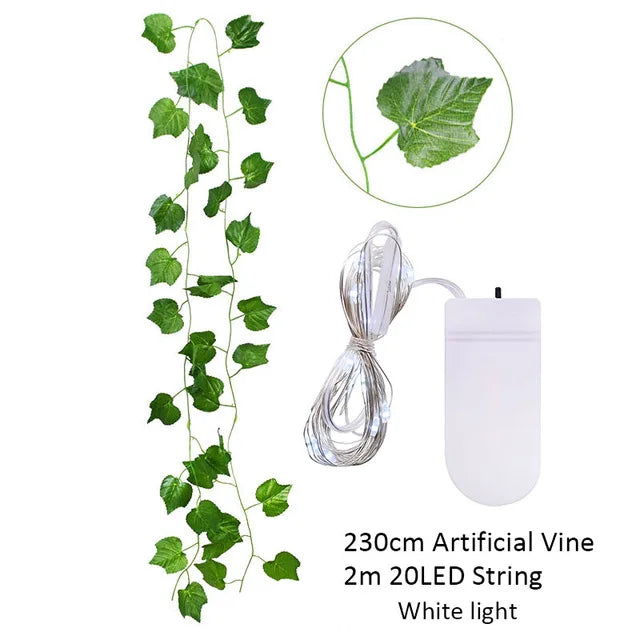 2.3m Silk Leaves Fake Creeper Green Leaf Ivy Vine 2m LED String Lights For Home Wedding Party Hanging Garland Artificial Flower