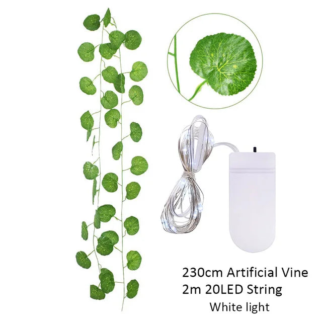 2.3m Silk Leaves Fake Creeper Green Leaf Ivy Vine 2m LED String Lights For Home Wedding Party Hanging Garland Artificial Flower