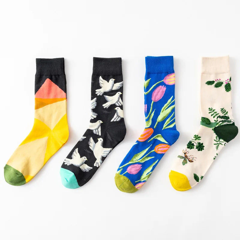 1 Pair Women Socks Cartoon Art Octopus Flower Plant Kawaii Funny Casual Female Cotton Sock Hosiery Streetwear Harajuku Crew Sox