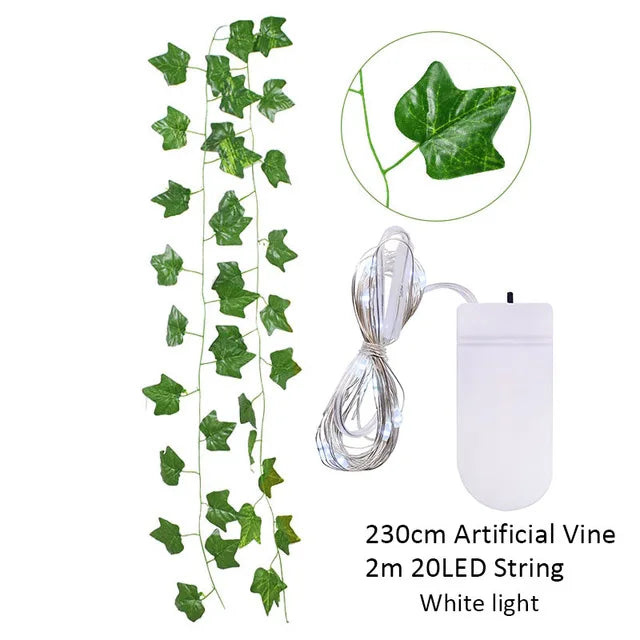 2.3m Silk Leaves Fake Creeper Green Leaf Ivy Vine 2m LED String Lights For Home Wedding Party Hanging Garland Artificial Flower