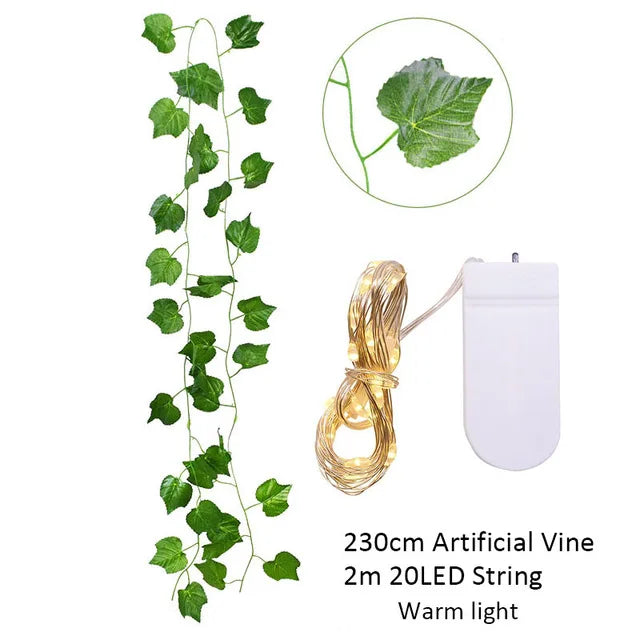 2.3m Silk Leaves Fake Creeper Green Leaf Ivy Vine 2m LED String Lights For Home Wedding Party Hanging Garland Artificial Flower