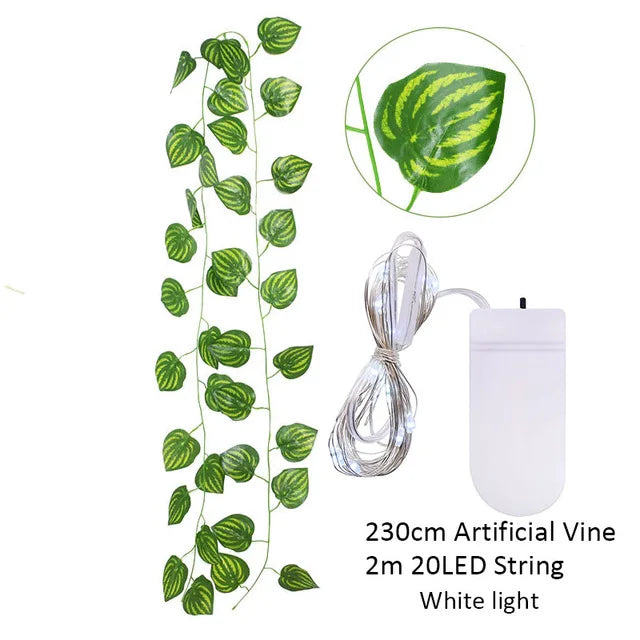 2.3m Silk Leaves Fake Creeper Green Leaf Ivy Vine 2m LED String Lights For Home Wedding Party Hanging Garland Artificial Flower