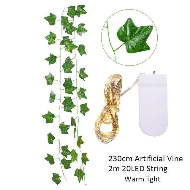 2.3m Silk Leaves Fake Creeper Green Leaf Ivy Vine 2m LED String Lights For Home Wedding Party Hanging Garland Artificial Flower