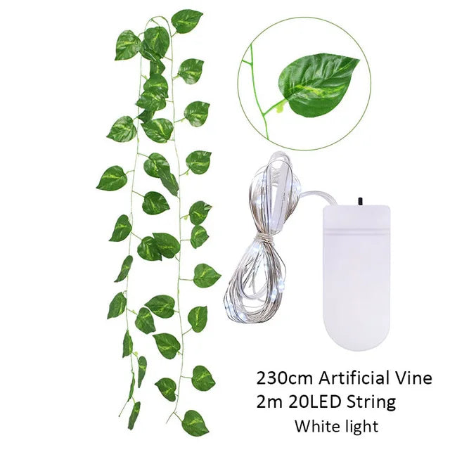 2.3m Silk Leaves Fake Creeper Green Leaf Ivy Vine 2m LED String Lights For Home Wedding Party Hanging Garland Artificial Flower