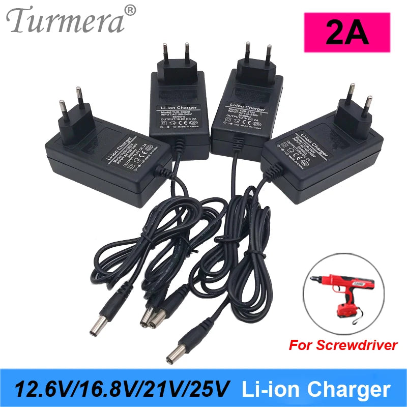 Turmera 12.6V 16.8V 21V 25V 2A 1.3A 1A 18650 Lithium Battery Charger DC5.5*2.1MM for 3S-6S 12V -25V Screwdriver Battery Pack Use