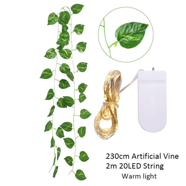 2.3m Silk Leaves Fake Creeper Green Leaf Ivy Vine 2m LED String Lights For Home Wedding Party Hanging Garland Artificial Flower