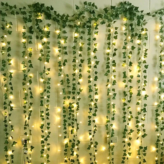 2.3m Silk Leaves Fake Creeper Green Leaf Ivy Vine 2m LED String Lights For Home Wedding Party Hanging Garland Artificial Flower