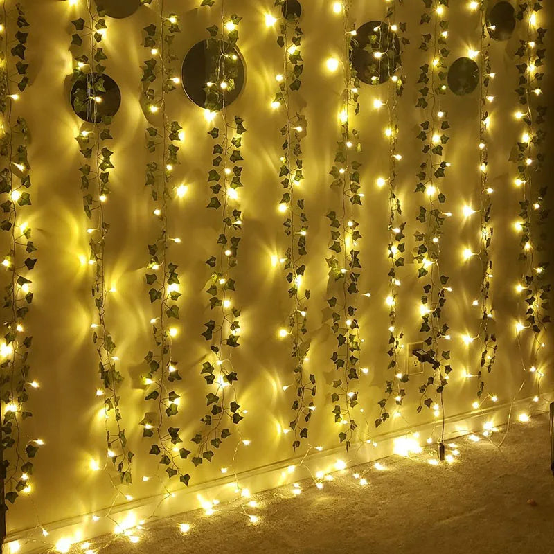 2.3m Silk Leaves Fake Creeper Green Leaf Ivy Vine 2m LED String Lights For Home Wedding Party Hanging Garland Artificial Flower