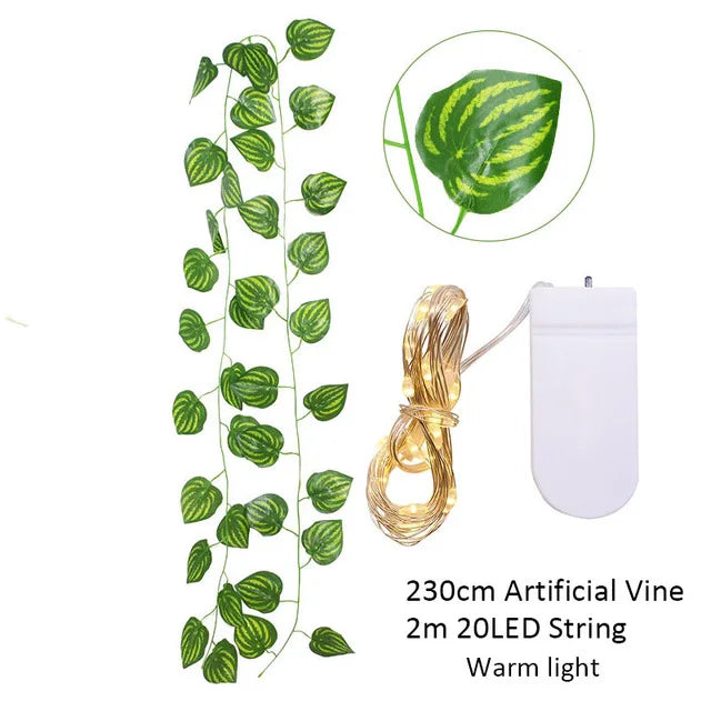 2.3m Silk Leaves Fake Creeper Green Leaf Ivy Vine 2m LED String Lights For Home Wedding Party Hanging Garland Artificial Flower