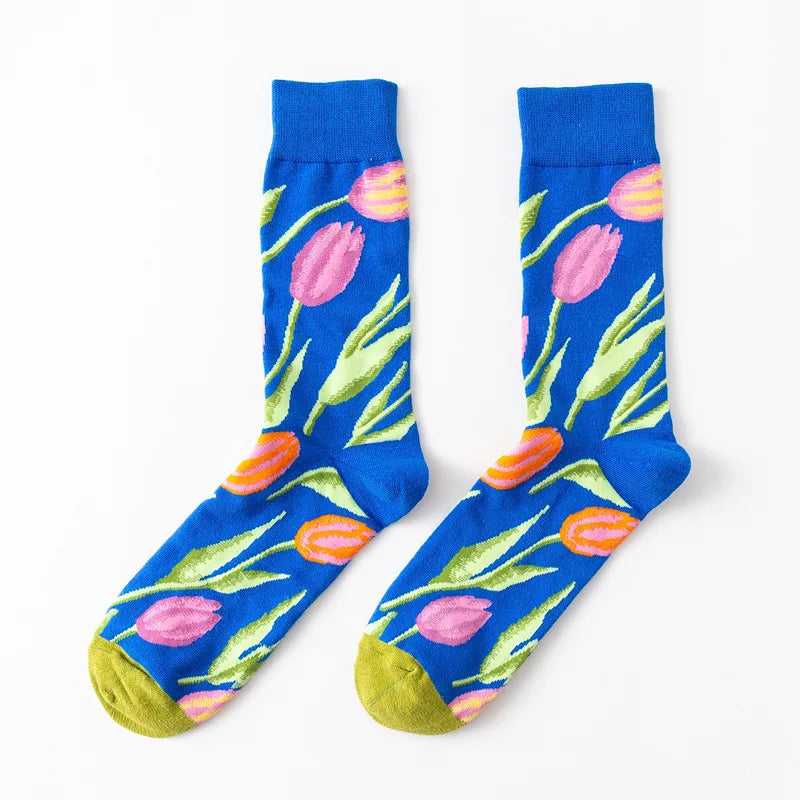 1 Pair Women Socks Cartoon Art Octopus Flower Plant Kawaii Funny Casual Female Cotton Sock Hosiery Streetwear Harajuku Crew Sox