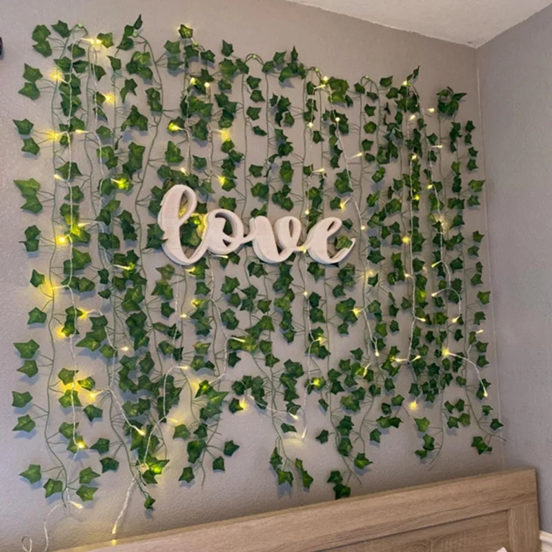 2.3m Silk Leaves Fake Creeper Green Leaf Ivy Vine 2m LED String Lights For Home Wedding Party Hanging Garland Artificial Flower