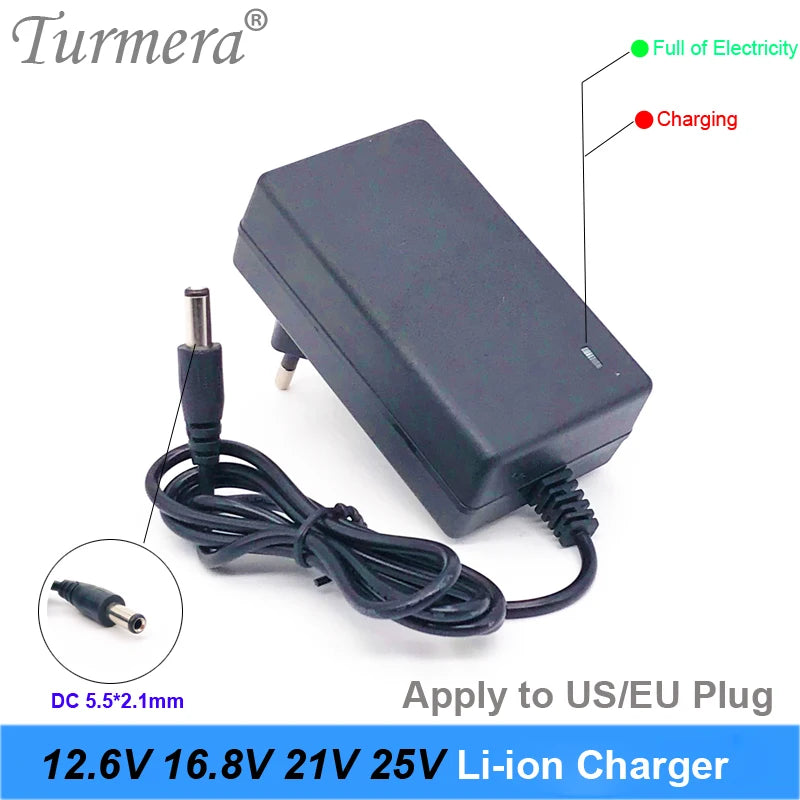 Turmera 12.6V 16.8V 21V 25V 2A 1.3A 1A 18650 Lithium Battery Charger DC5.5*2.1MM for 3S-6S 12V -25V Screwdriver Battery Pack Use