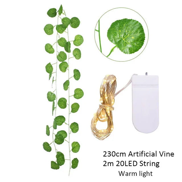 2.3m Silk Leaves Fake Creeper Green Leaf Ivy Vine 2m LED String Lights For Home Wedding Party Hanging Garland Artificial Flower