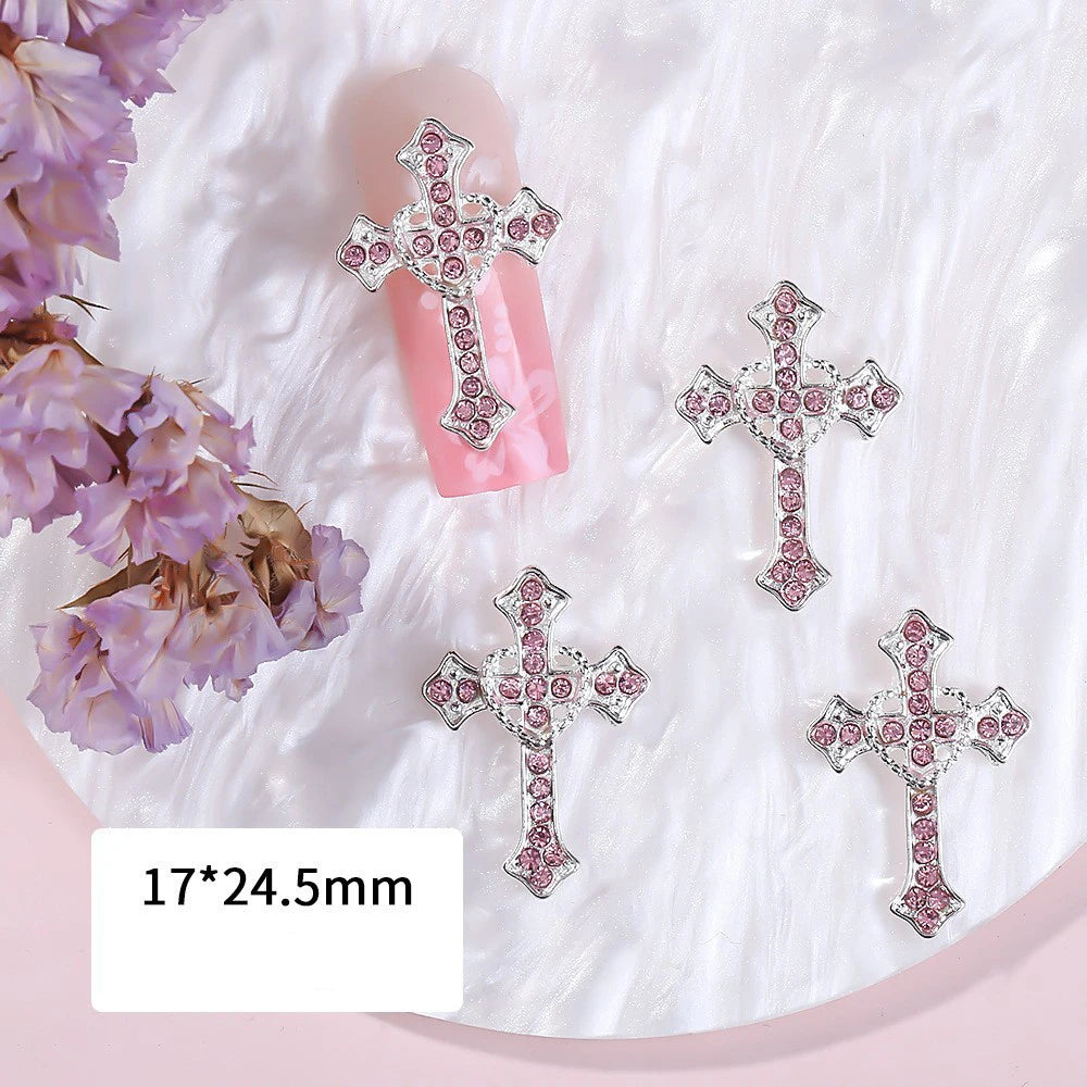 5pcs Luxury Silver Big Cross Nail Art Charm 3D Alloy Full Glitter Pink/White Diamond Nail Decoration DIY Retro Nail Accessories