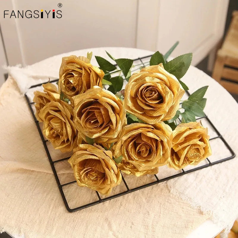 10 Heads Golden Silver Rose Artificial Flower DIY Wedding Floral Arrangement Material Silk Bridal Bouquet Home Decor Photo Props