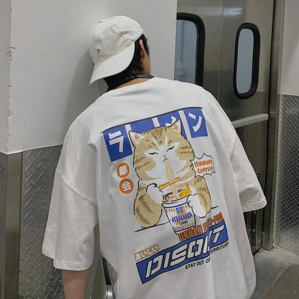 100% Cotton Men's T-shirts Japanese Style Cat Anime Graphic Tops Short Sleeve Summer Oversized Clothing O-neck Male Tees