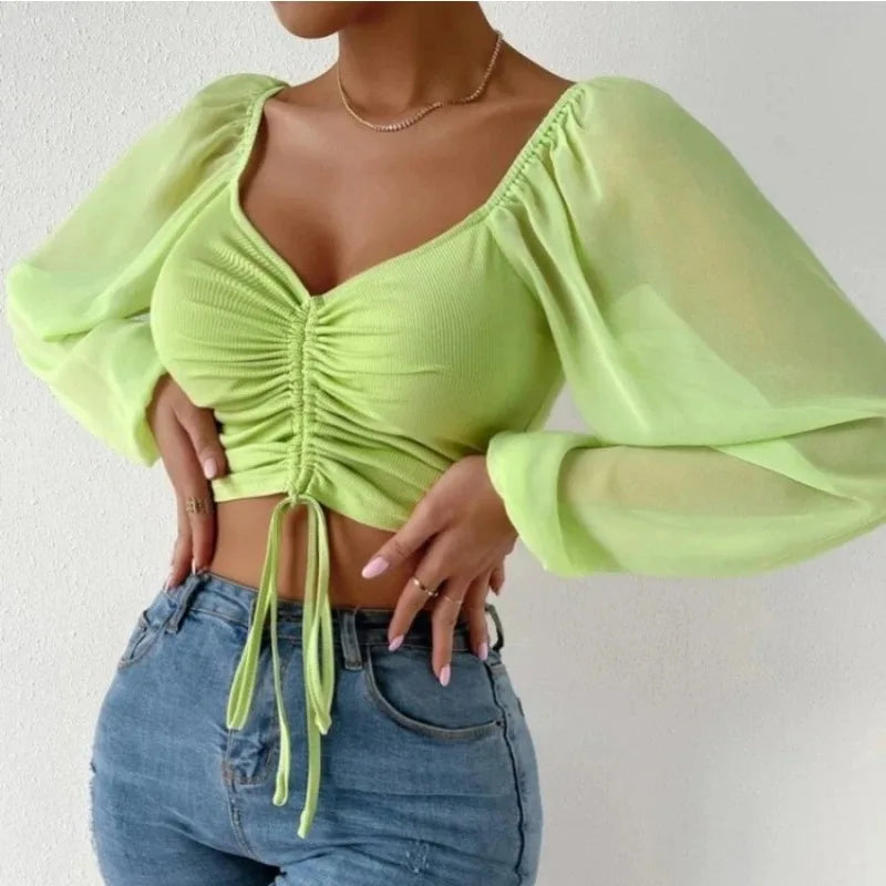 Sexy Women Mesh Lantern Sleeves Drawstring Wrap Chest Bare Midriff T Shirt Women Long Sleeves Bottoming