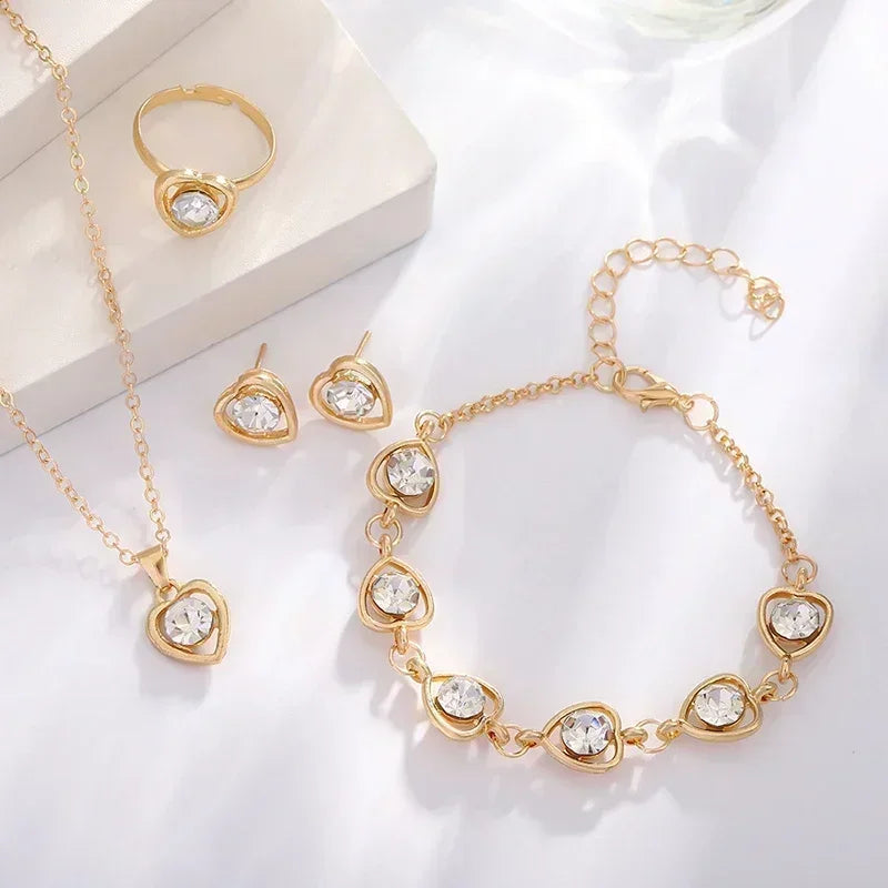 5PCS Set Gold-Color Heart Shaped Jewelry Sets Of Ring Earrings Necklace For Women Elegance Rhinestone Double Heart Jewelry