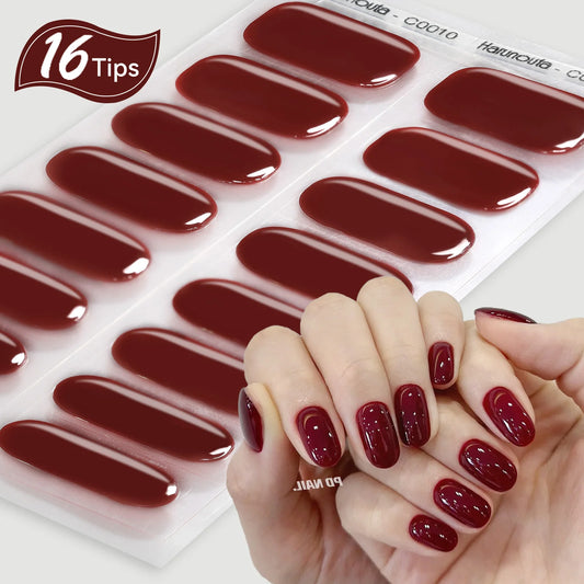 Harunoura Red Series Semi Cured Gel Nail Strips Maroon Gel Polish Nail Stickers Waterproof Long Lasting Stickers for Nails Decor