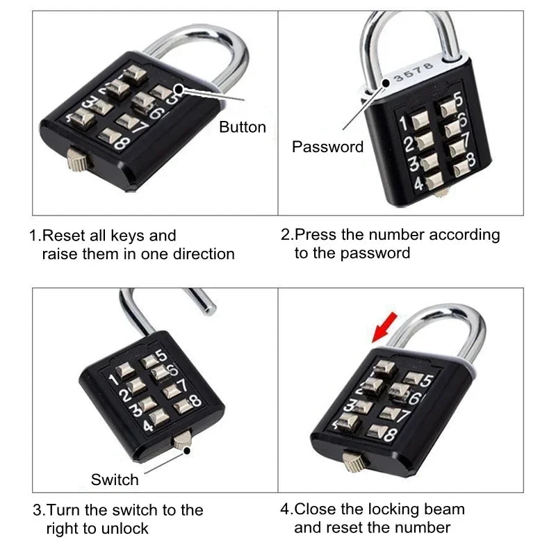 8 Digits Password Code Combination Padlock Zinc Alloy Suitcase for Luggage Travel Code Anti-thieft Lock Code Keyed Smart Lock