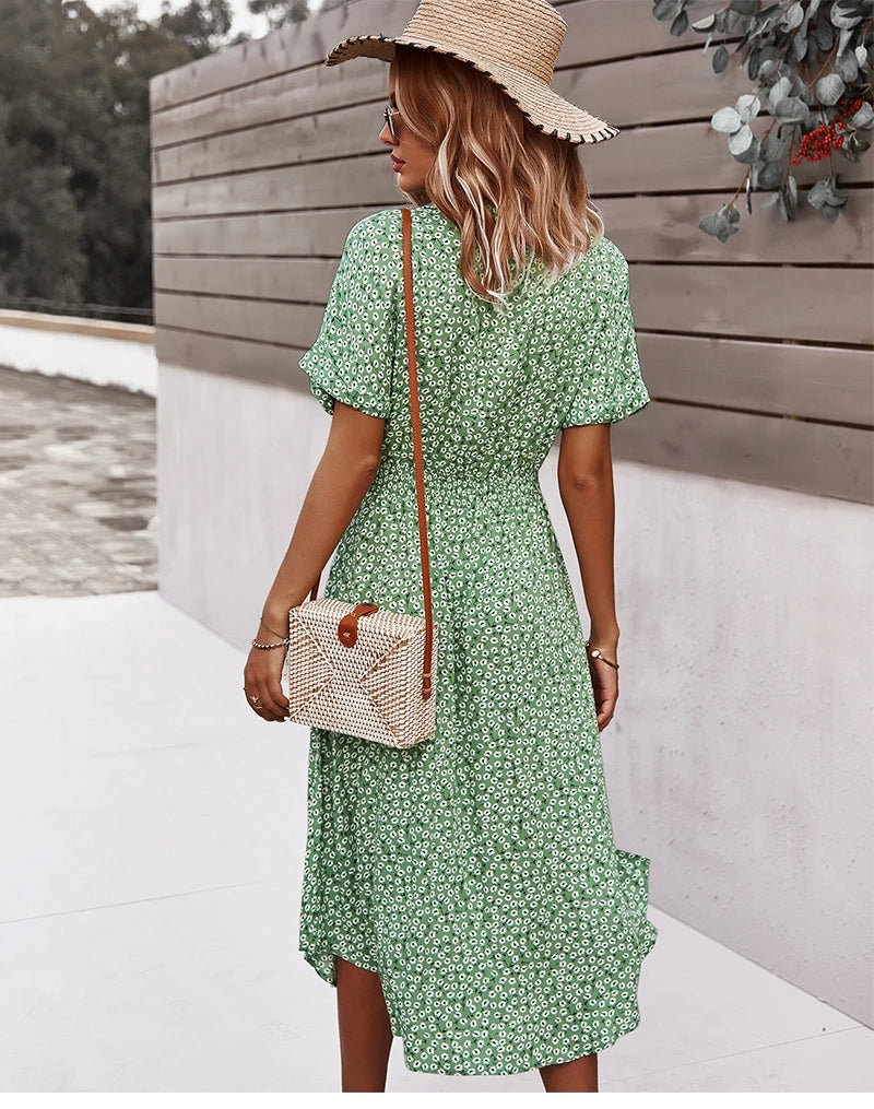 Summer Women Floral Print Dress Casual Short Sleeve Button Holiday Midi Dresses Female V-Neck Beach Boho Chic Dress Elegant Robe