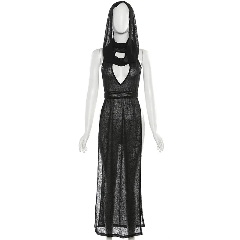 Gothic Summer High Street Travel Cool Confident Black Mysterious Sexy Open Avant-garde Sexy Hot Cool Women's Hooded Dress