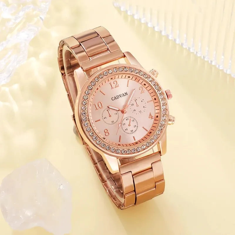 6PCS Set Rose Gold Luxury Watch Women Ring Necklace Earring Rhinestone Fashion Wristwatch Casual Ladies Bracelet Watches - Surpriseshopper.com