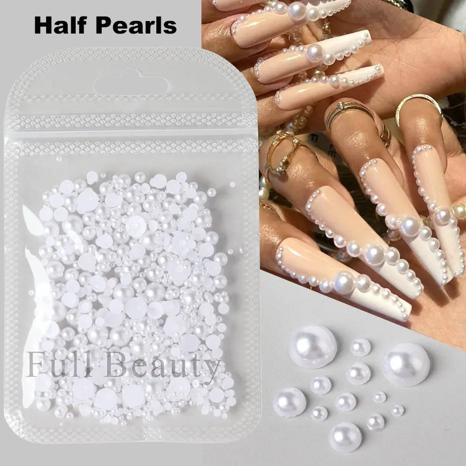 Mixed Nail Pearl Decoration White Natural Nail Charms Beads Flat Back Round Pearls Jewels For Manicure Design Korean Accessories