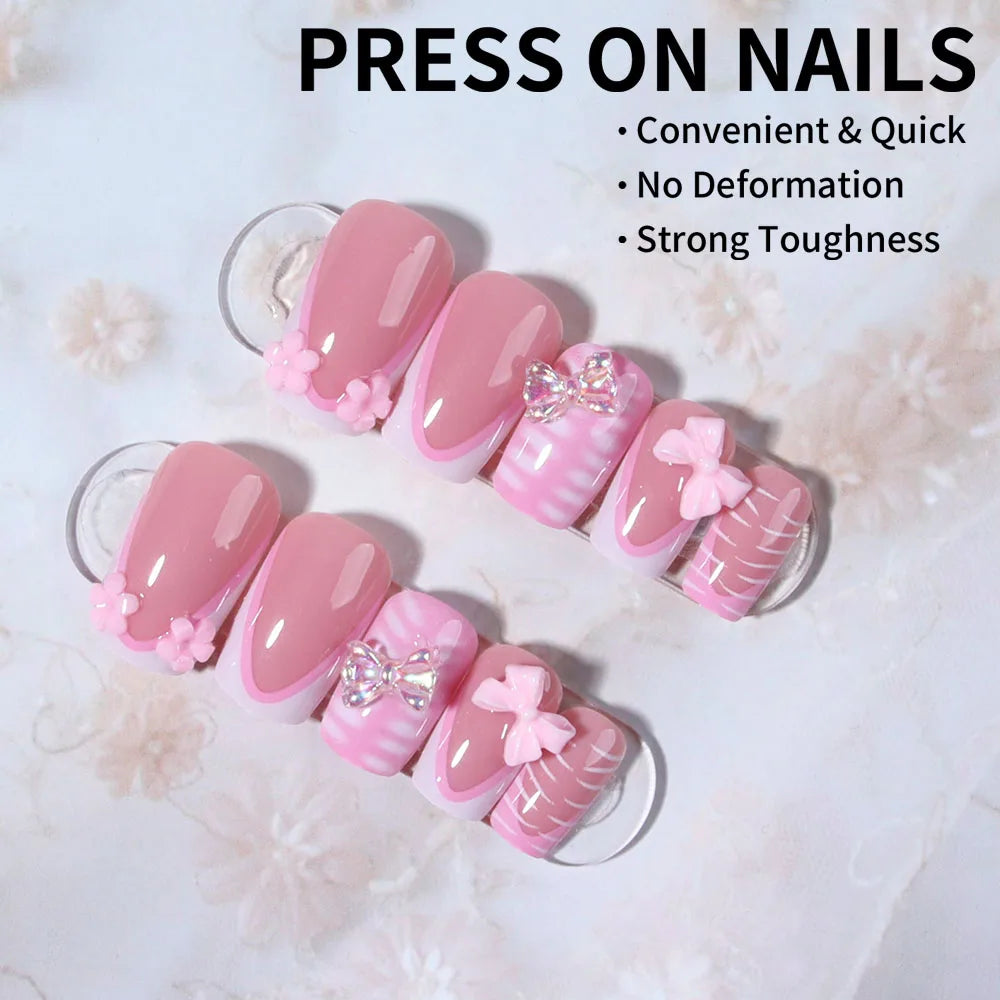 24 pieces of short square nail tips. 3D stereo line butterfly decorations. Pink French full-stick reusable coverage nail art.