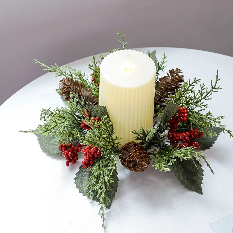 25cm Artificial Pine Needle Red Berry Candle Rings Candlestick Wreath Fake Leaves Christmas New Year Table Decoration Props