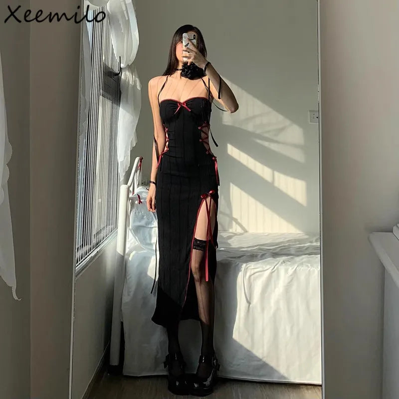 WhereMery Gothic Sexy Bow Applique Bandage Long Dress Aestheitic Strapless Skinny High Slit Dresses Y2K Fashion Club Party Dress - Surpriseshopper.com