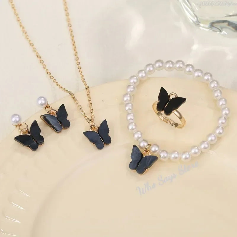 Butterfly Jewelry Sets Crystal Acrylic Romantic Bracelet Ring Necklace Earring Set for Women Wedding Dinner Dress Accessories