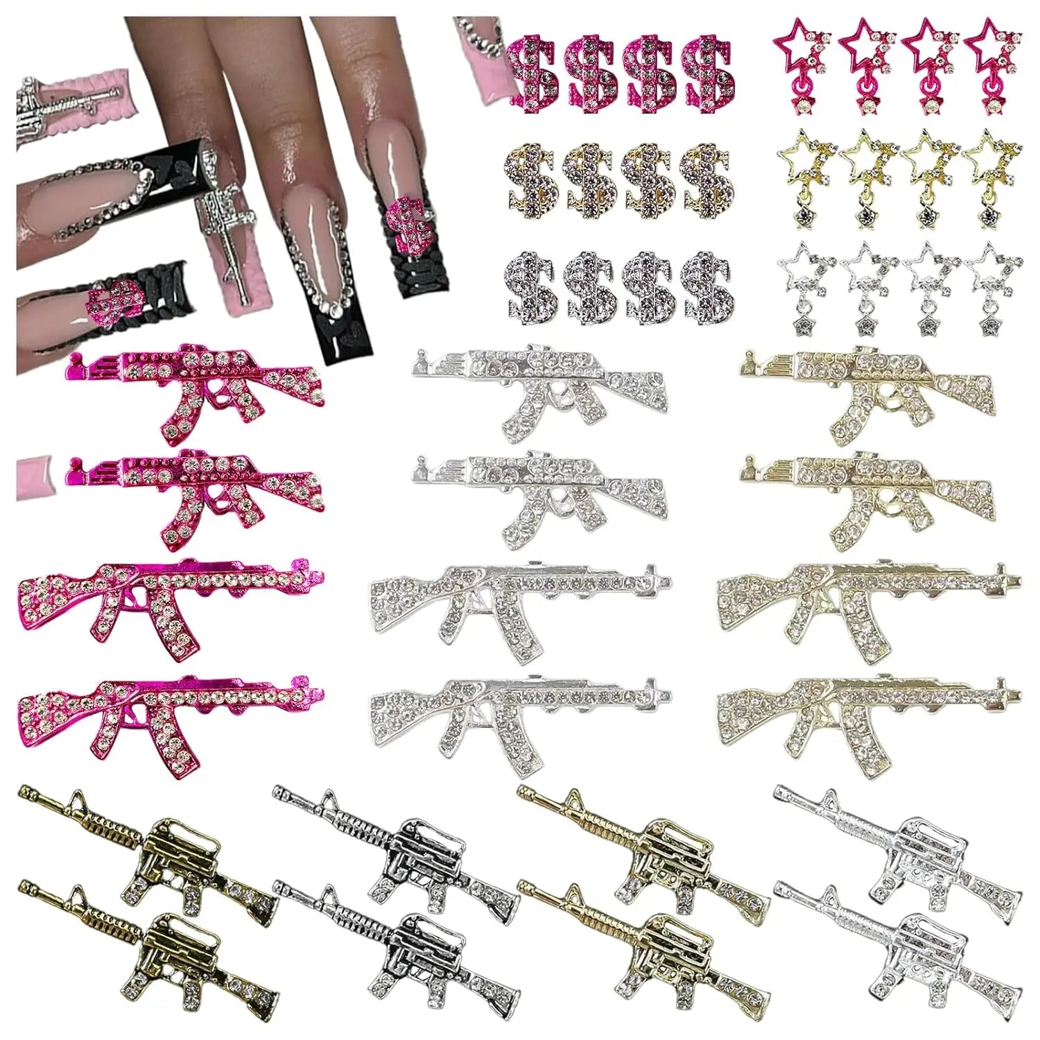 44PCS Gun Nail Charms Nail Art Rhinestone Alloy Gun Dollar Sign Star Nail Luxury Decoration for Acrylic Nails Accessories - Surpriseshopper.com