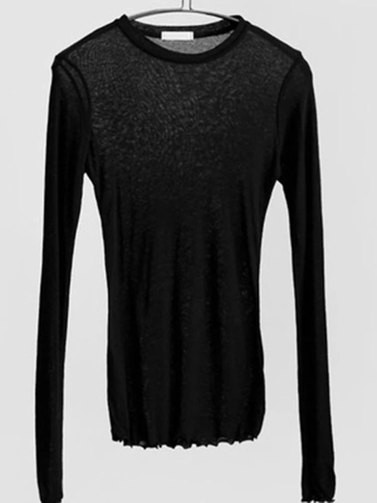 High Quality Plain T Shirt Women Cotton Elastic Basic T-shirts Female Casual Tops Long Sleeve Sexy Thin T-shirt see through