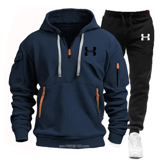 New men's suit, spring and autumn men multi-pocket zipper hoodie + sports pants two-piece leisure fitness sports clothing set Surpriseshopper.com