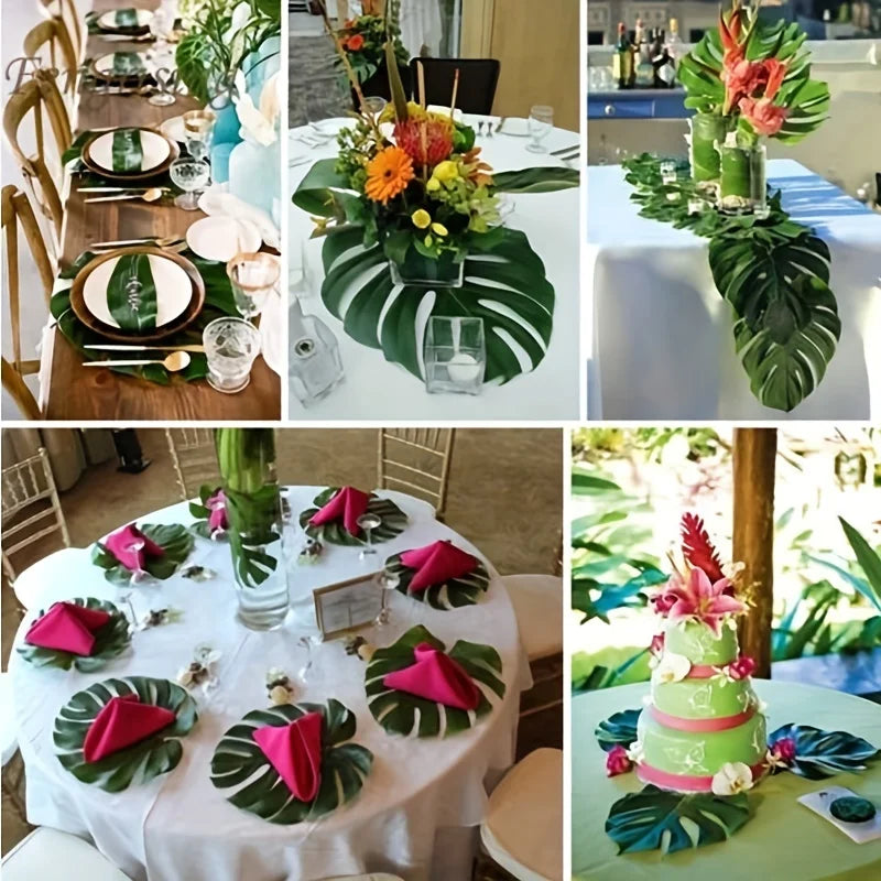 10pcs Hawaii Artificial Palm Leaf Turtle Back Leaf Jungle Beach Theme Party Flower Arrangement Mat Accessories Cup Mat