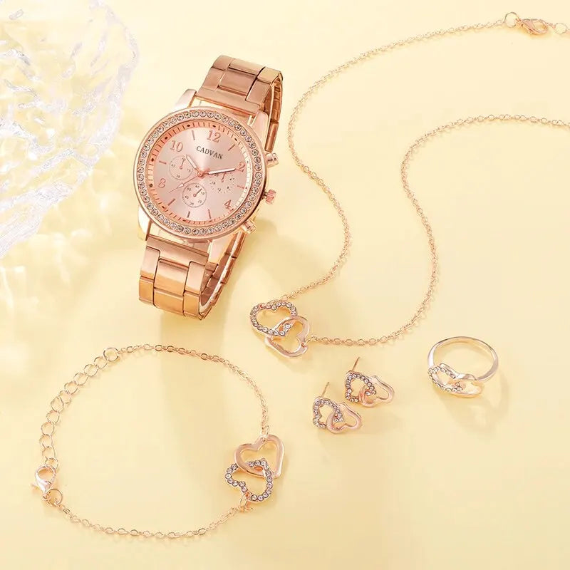 6PCS Set Rose Gold Luxury Watch Women Ring Necklace Earring Rhinestone Fashion Wristwatch Casual Ladies Bracelet Watches - Surpriseshopper.com