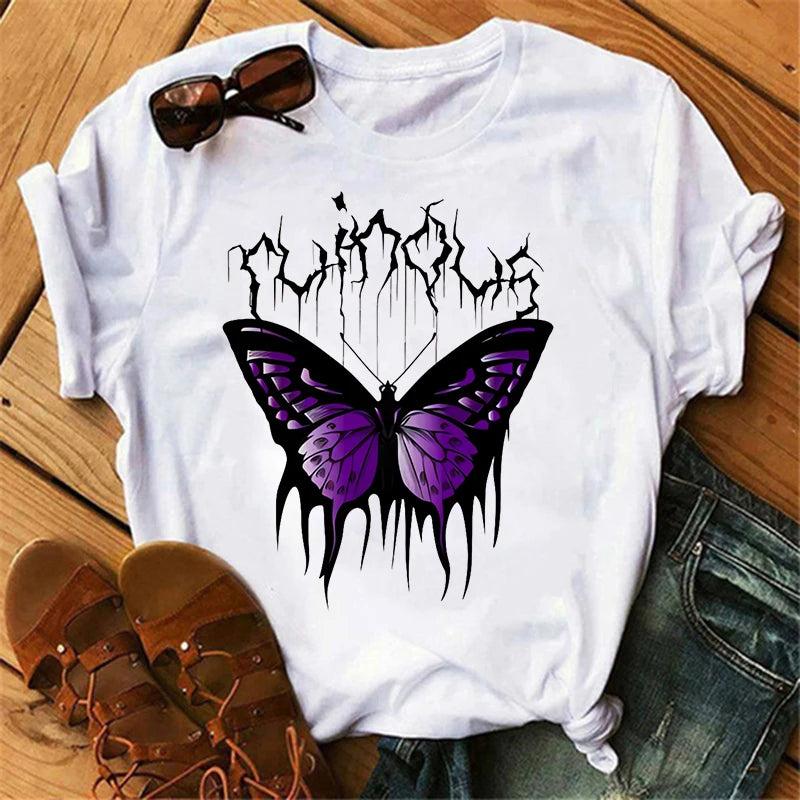 Women's Butterfly Tree Print Harajuku T-Shirt Round Neck Top Short Sleeve Casual Summer Tee Shirt