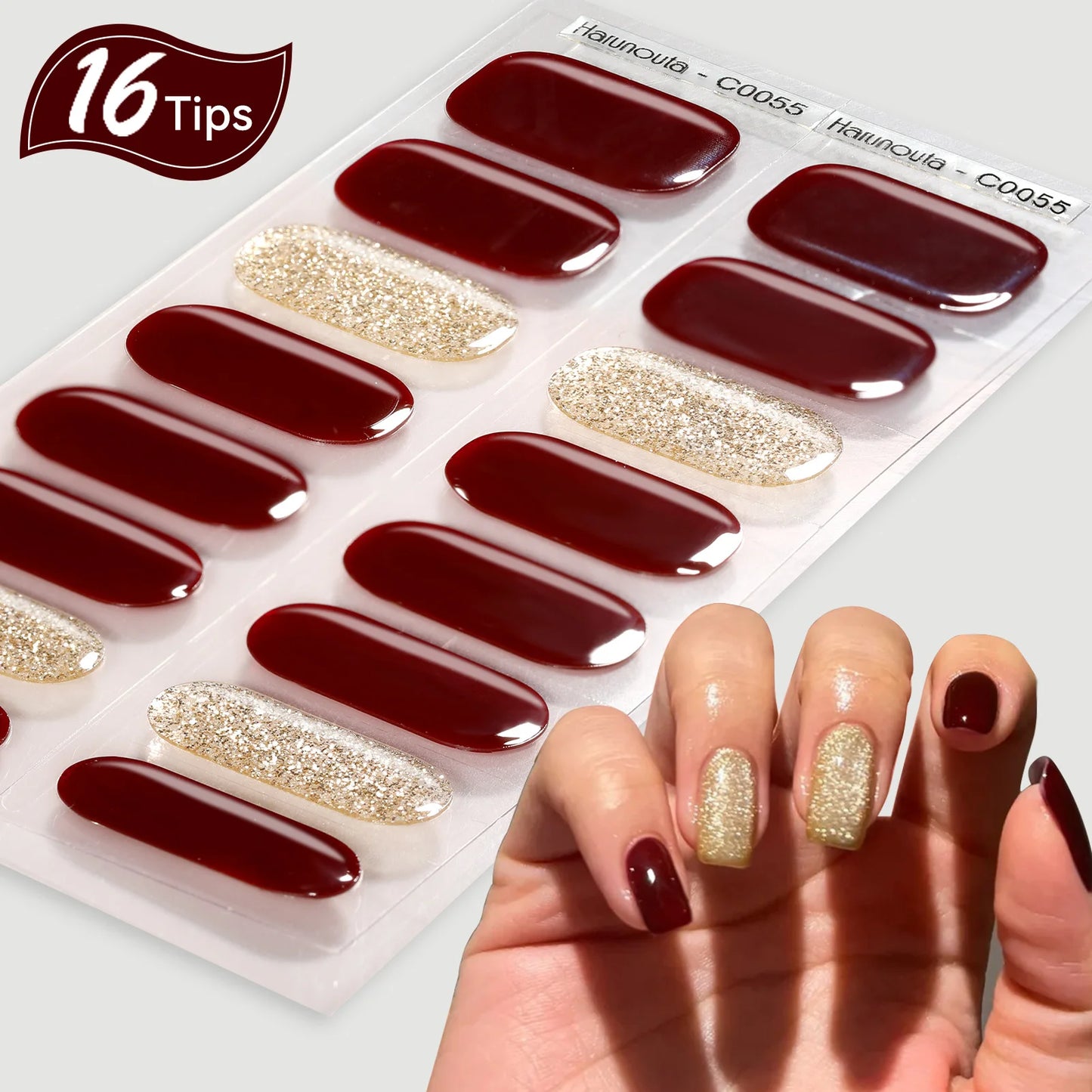 Harunoura Red Series Semi Cured Gel Nail Strips Maroon Gel Polish Nail Stickers Waterproof Long Lasting Stickers for Nails Decor