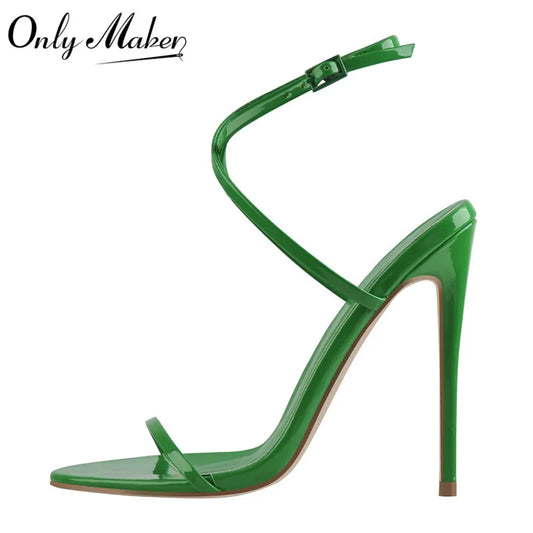 Onlymaker Women Heels Green Peep Toe Ankle High Heel Summer Party Dress Handmade  Female Sandals