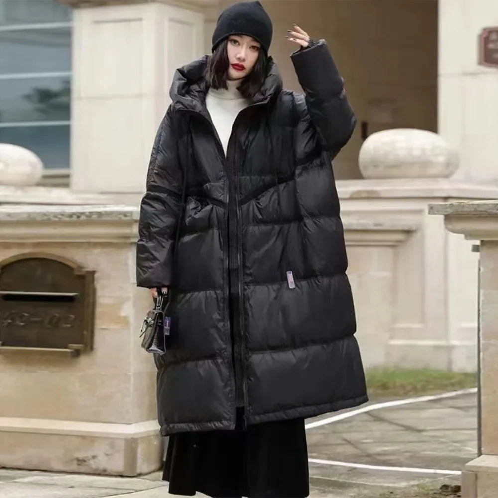 2024 New White Duck Down Jacket Hooded Winter Women Oversize Long Puffer Coat Female Thick Warm Loose Parkas Outwear Pockets - Surpriseshopper.com