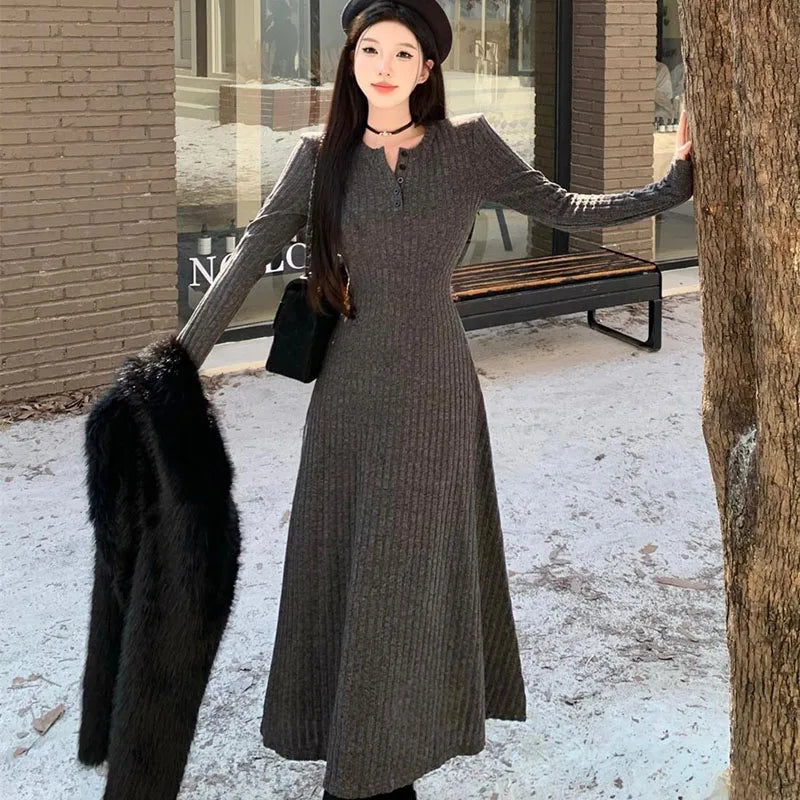 Elegant Slim High Waist Knit Dresses Women Autumn Winter Long Sleeve Thick Warm Long Dress Ladies Vintage Streetwear Vestidos