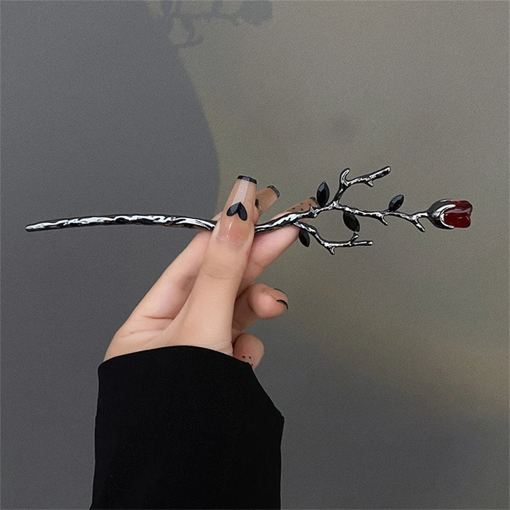 Vintage Metal Red Rose Flower Hairpins Women Elegant Texture New Chinese-style Chopstick Hair Stick Girls Hair Accessories Tools - Surpriseshopper.com