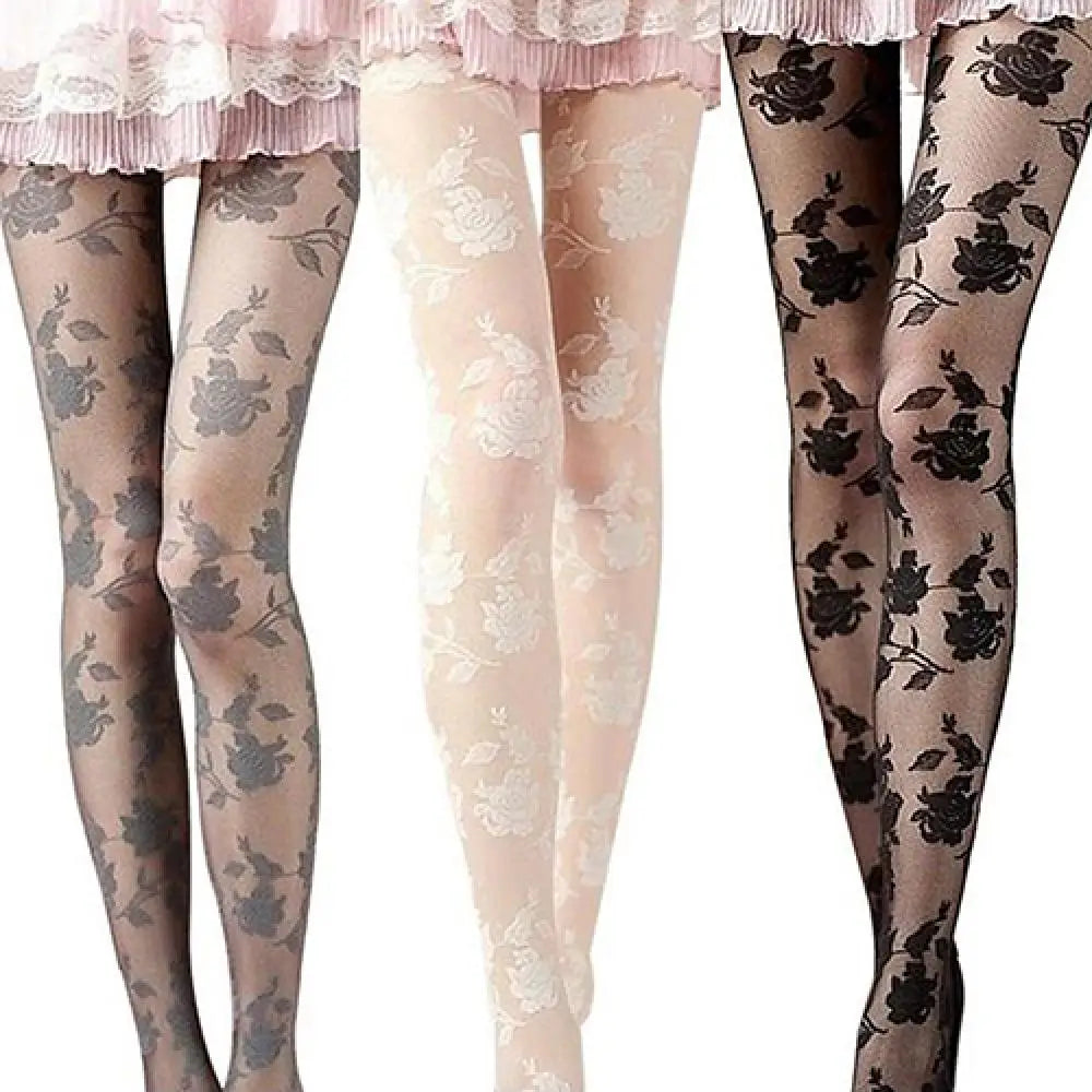 Fashion Rose Pattern Tight Lace Pantyhose Women Sexy See-through Stockings Tights Leggings