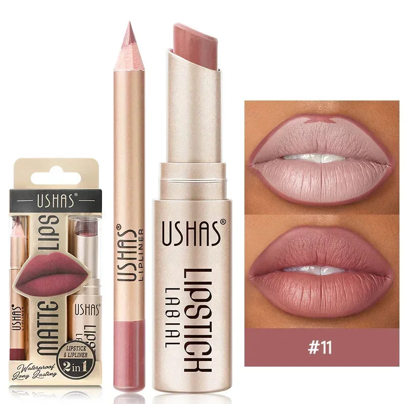 2 In 1 Korean Kiss: Waterproof Lip Liner Lipstick