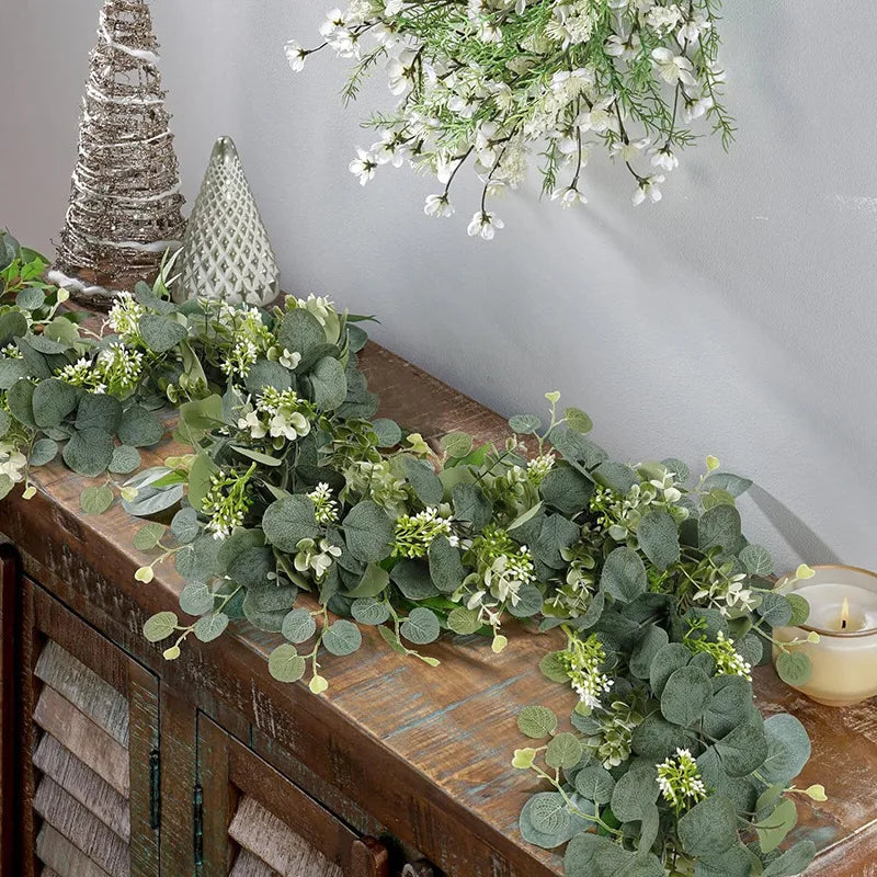 Artificial Eucalyptus Leaves Greenery Garland Faux Plant Spring Vines with White Flowers Berries for Wedding Home Party Deco