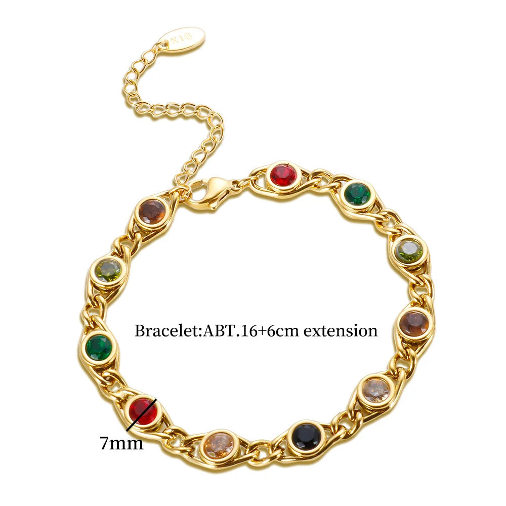 Trend Colorful Cubic Zirconia Panel Bracelet Necklace For Women Gold Color Stainless Steel Crystal Fisheye Jewelry Set 2023 New