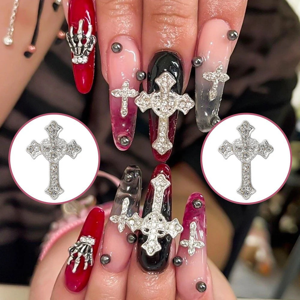 5pcs Luxury Silver Big Cross Nail Art Charm 3D Alloy Full Glitter Pink/White Diamond Nail Decoration DIY Retro Nail Accessories