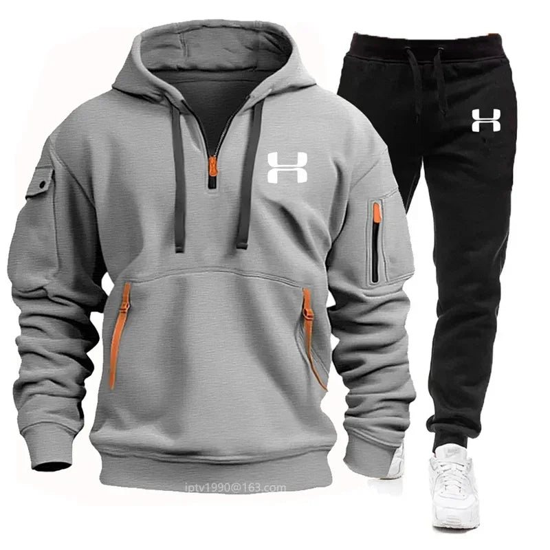 New men's suit, spring and autumn men multi-pocket zipper hoodie + sports pants two-piece leisure fitness sports clothing set Surpriseshopper.com