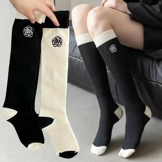 Japanese Camellia Rose Long Socks Women Girls Sweet Lolita Flower Cotton Knee High Sock Students Ins Skirt Matching Calf Socks